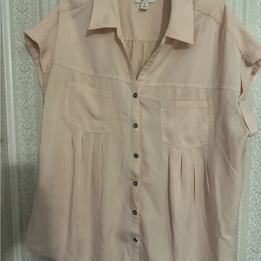 Style & Co. Women's Soft Peach Pleated Short Sleeve Button Down XL Top